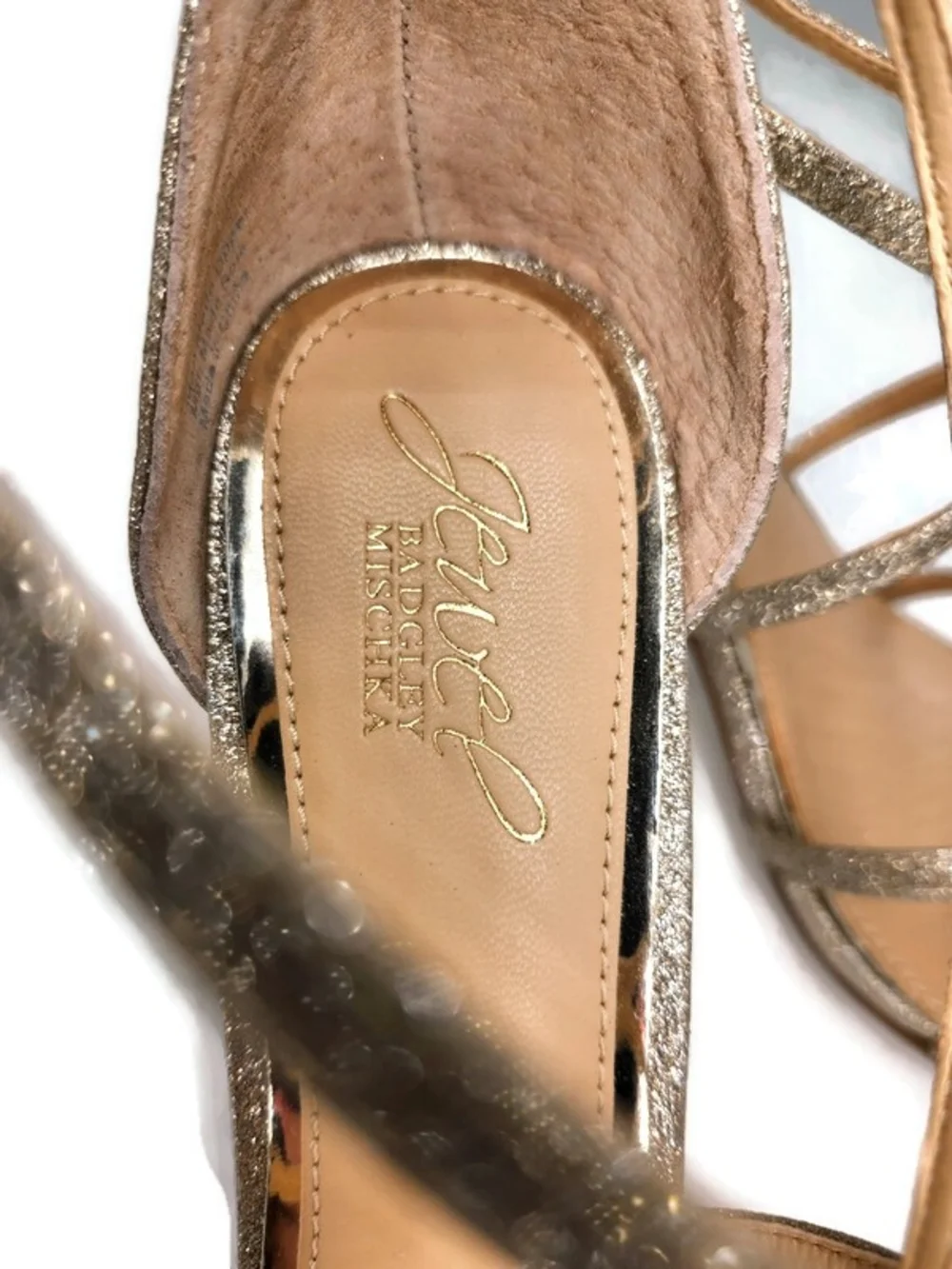 Badgley Mischka Gisele Gold Sparkle Crystals Strappy High Heel Dress Sandals
